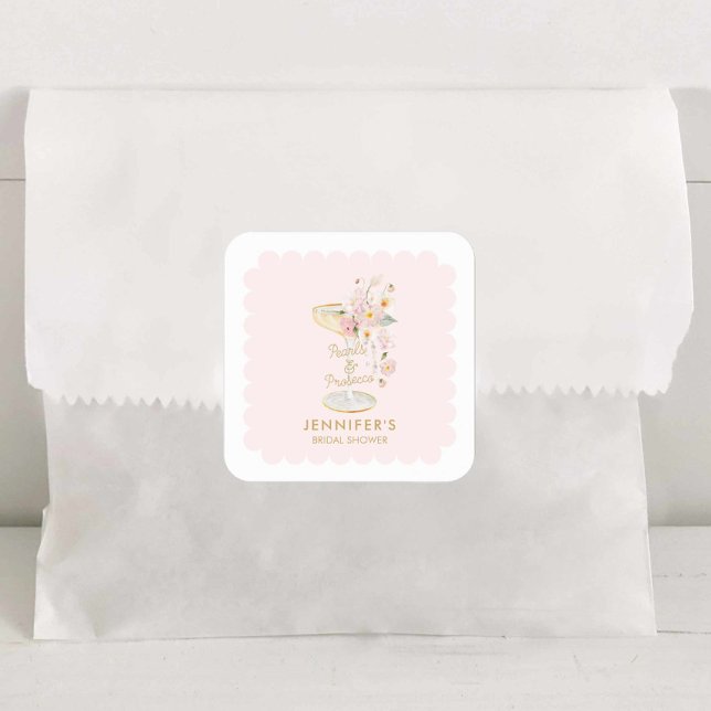 Elegant Pearls and Prosecco Bridal Shower Sticker (Pink Pearls and Prosecco Favor Sticker)