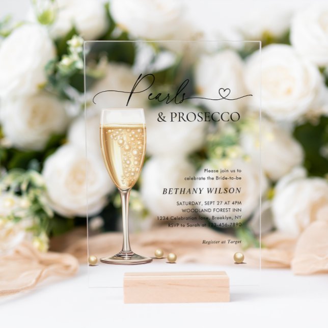Elegant Pearls and Prosecco Script Bridal Shower Acrylic Invitations (Creator Uploaded)