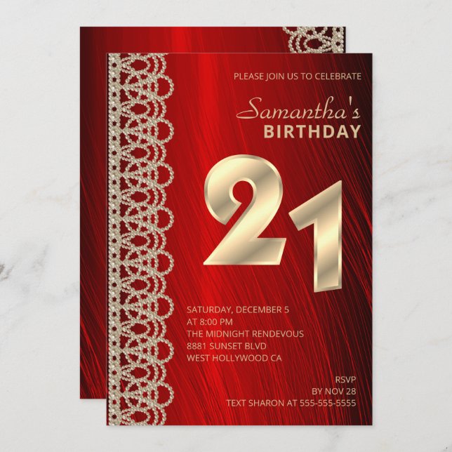 Elegant Pearls and Red Satin Birthday Invitation (Front/Back)