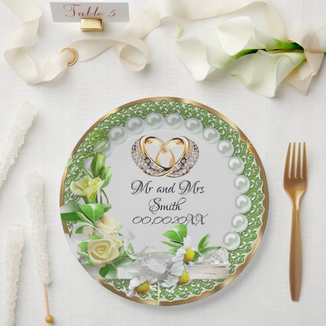 Elegant Pearls Flowers Customisable Wedding  Paper Plate (Wedding)