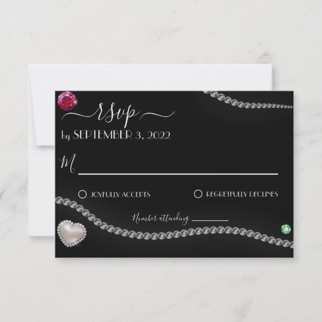 Elegant Pearls & Jewels on Black Satin Wedding RSVP Card (Front)