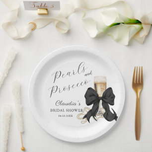 Elegant Pearls & Prosecco Black Bow Bridal Shower  Paper Plate