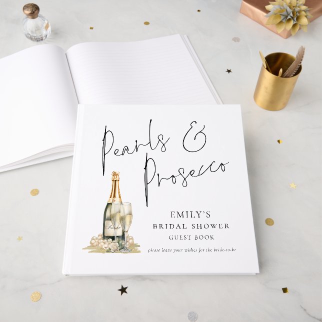 Elegant Pearls Prosecco Bridal Shower Guest Book (Front Open)