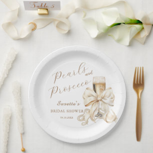 Elegant Pearls & Prosecco Bridal Shower Paper Plate