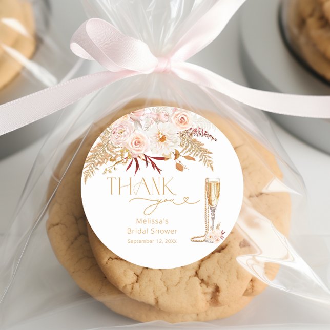 Elegant Pearls & Prosecco Floral Bridal Favour Classic Round Sticker (Creator Uploaded)