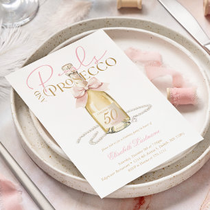 Elegant Pearls & Prosecco Pink Bow 50th Birthday Invitation