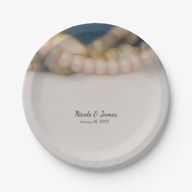 Elegant Pearls & Sea Shells Beach Wedding Paper Plate (Front)