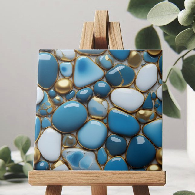 Elegant Pebbles with Blue White and Gold Accents Ceramic Tile (Creator Uploaded)