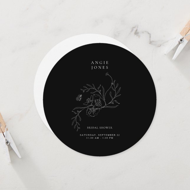 Elegant Pencil Floral B/W Bridal Shower Round  Invitation (Front/Back In Situ)