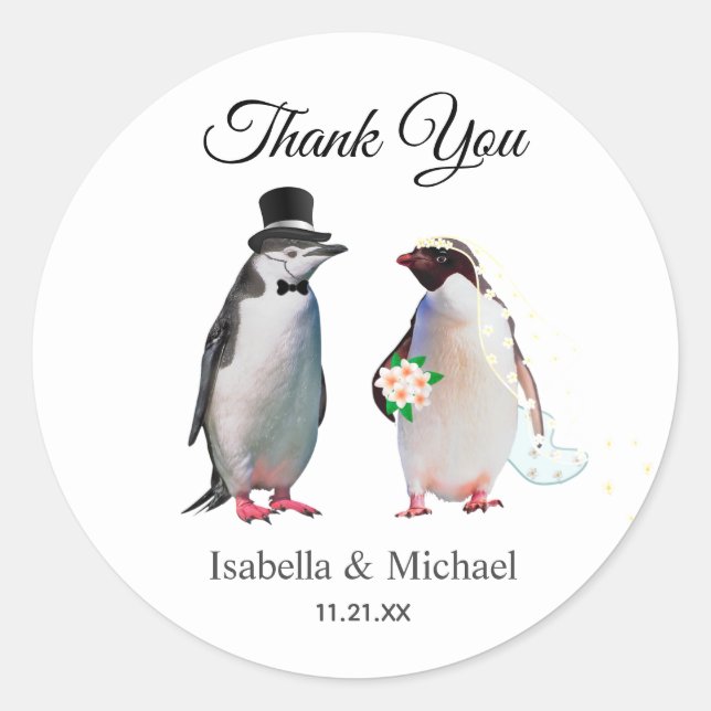 Elegant Penguin Couple Thank You Wedding  Classic Round Sticker (Front)
