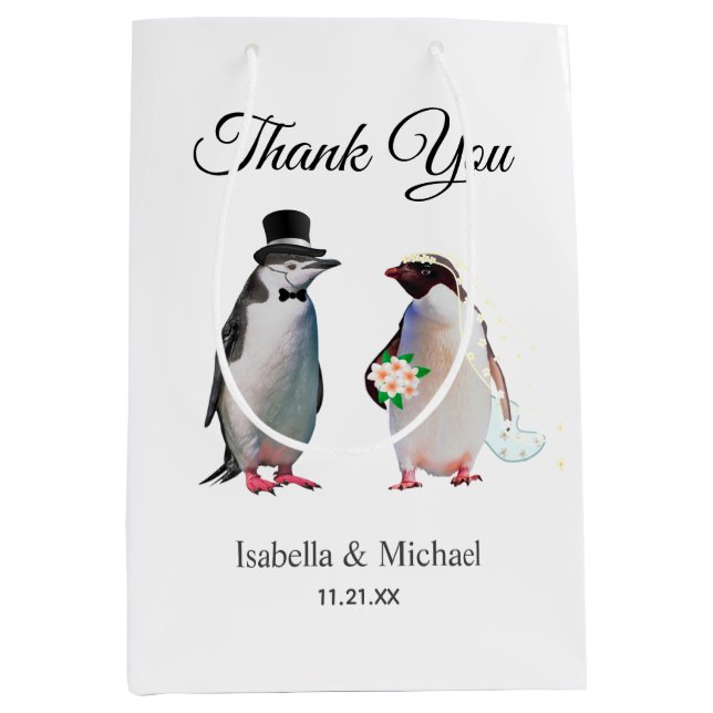 Elegant Penguin Couple Thank You Wedding Medium Gift Bag (Front)