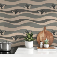 Elegant Penguins in Monochrome Waves Grey & Beige