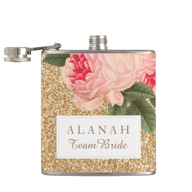 Elegant Peonies and Gold Glitter Bridesmaid Flask (Opened)