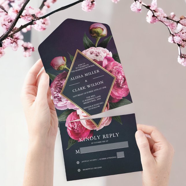 Elegant Peonies Gold Frame Modern Wedding All In One Invitation (Creator Uploaded)