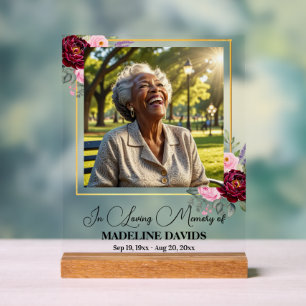 Elegant Peonies Gold Frame Photo Funeral Acrylic Sign