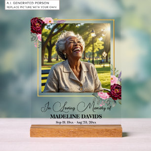 Elegant Peonies Gold Frame Photo Funeral  Acrylic Sign