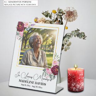 Elegant Peonies Gold Frame Photo Funeral Pedestal Sign