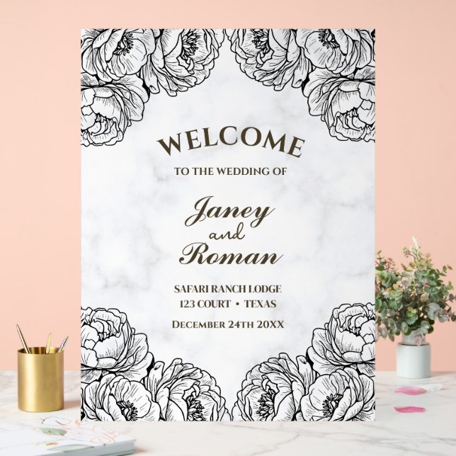 Elegant Peonies Modern and Minimalistic Wedding Acrylic Sign (Wedding)