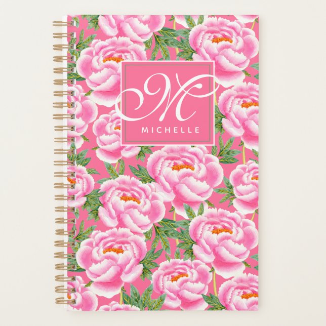 Elegant Peonies Pattern - Hot Pink, Monogrammed Planner (Front)
