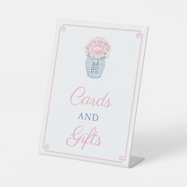 Elegant Peonies Pink And Blue Wedding Cards Gifts Pedestal Sign (Front)