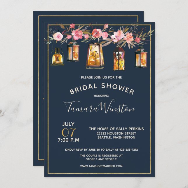 Elegant Peonies Rustic Lanterns Navy Coral Floral Invitation (Front/Back)