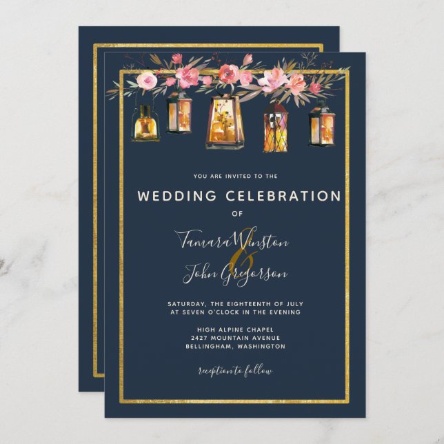 Elegant Peonies Rustic Lanterns Navy Coral Wedding Invitation (Front/Back)