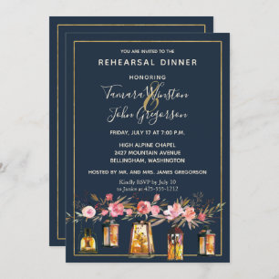 Elegant Peonies Rustic String Lights Navy Coral Invitation