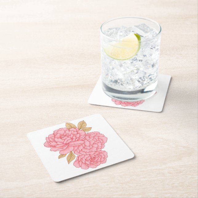 Elegant Peonies– Soft Pink Floral Illustration Square Paper Coaster (Insitu)