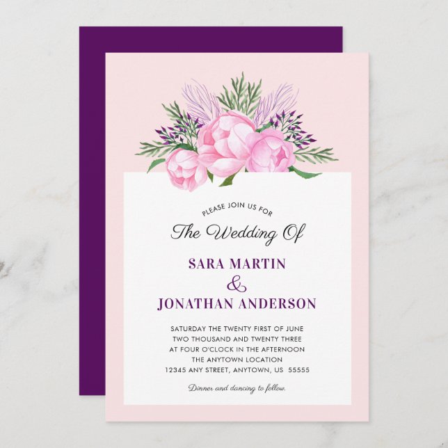 Elegant Peonies Watercolor | Wedding Invitation (Front/Back)