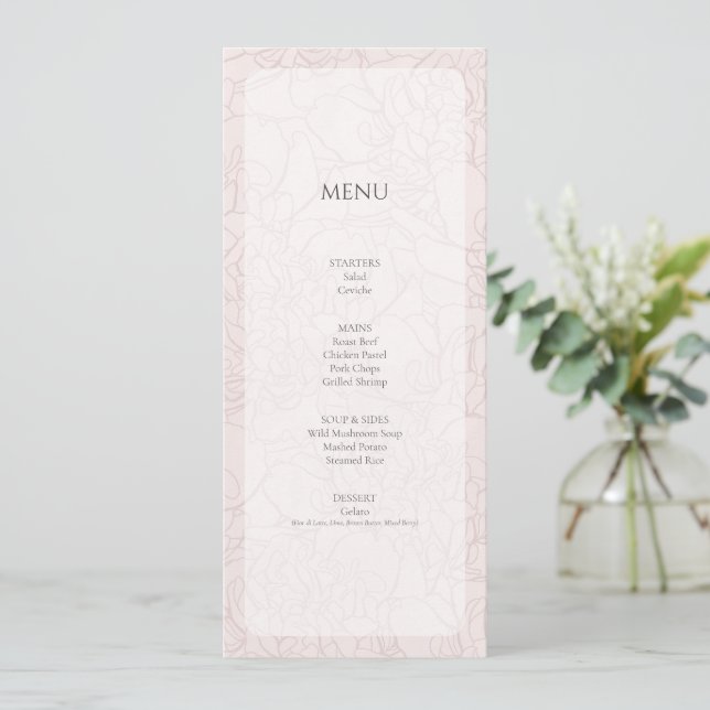 Elegant Peony Blush Pink Wedding Reception Menu Ca (Standing Front)