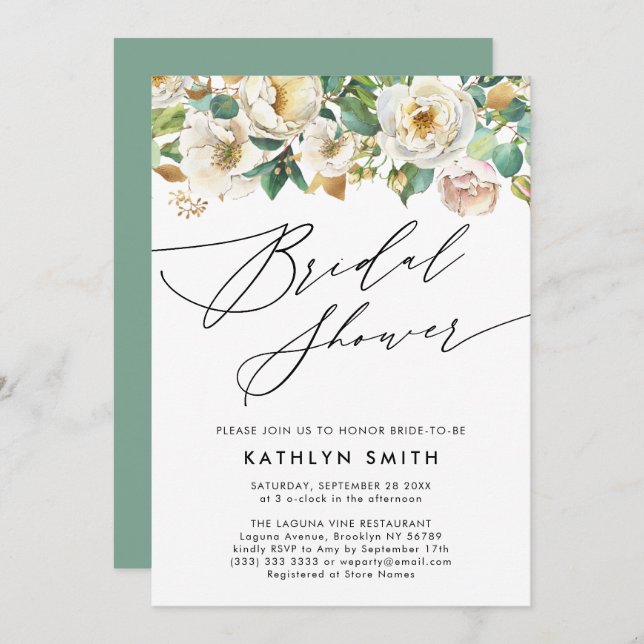 Elegant Peony Botanical Greenery Bridal Shower Invitation (Front/Back)
