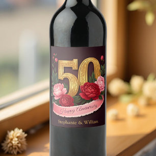 Elegant Peony Bouquet 50th Wedding Anniversary Wine Label