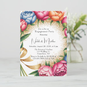 Elegant Peony Bouquet Glitter Engagement Party Invitation