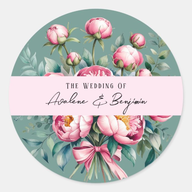 Elegant Peony Bouquet in Watercolor Wedding Classic Round Sticker (Front)