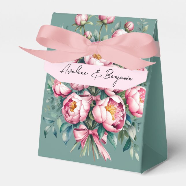 Elegant Peony Bouquet in Watercolor Wedding Favour Box (Front Side)