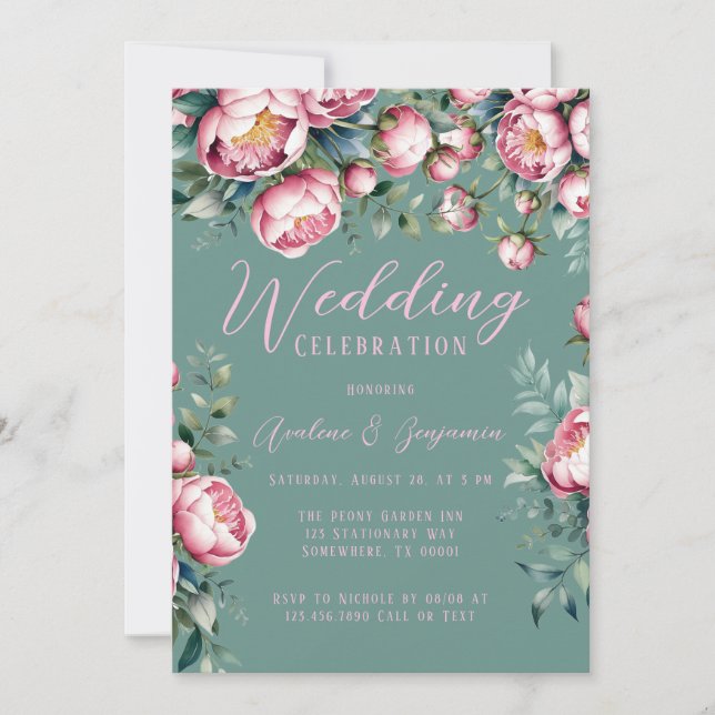Elegant Peony Bouquet In Watercolor Wedding  Invitation (Front)