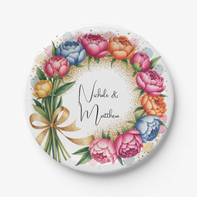 Elegant Peony Bouquet Wedding Paper Plate (Front)