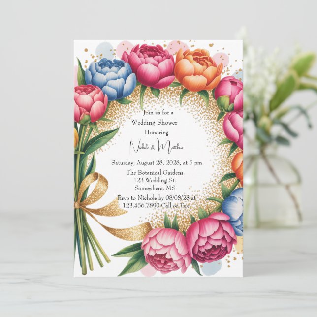 Elegant Peony Bouquet Wedding Shower Invitation (Standing Front)