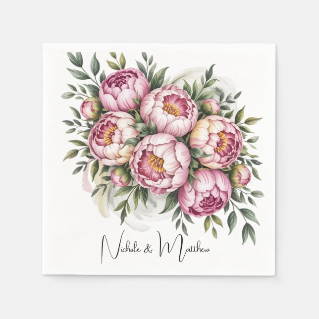 Elegant Peony Floral Arrangement Wedding Napkin (Front)