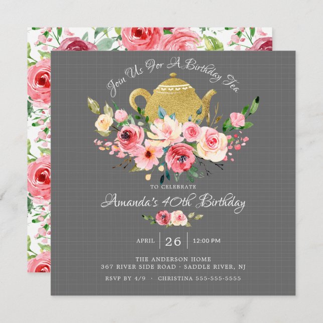 Elegant Peony Floral Birthday Tea Invitation (Front/Back)