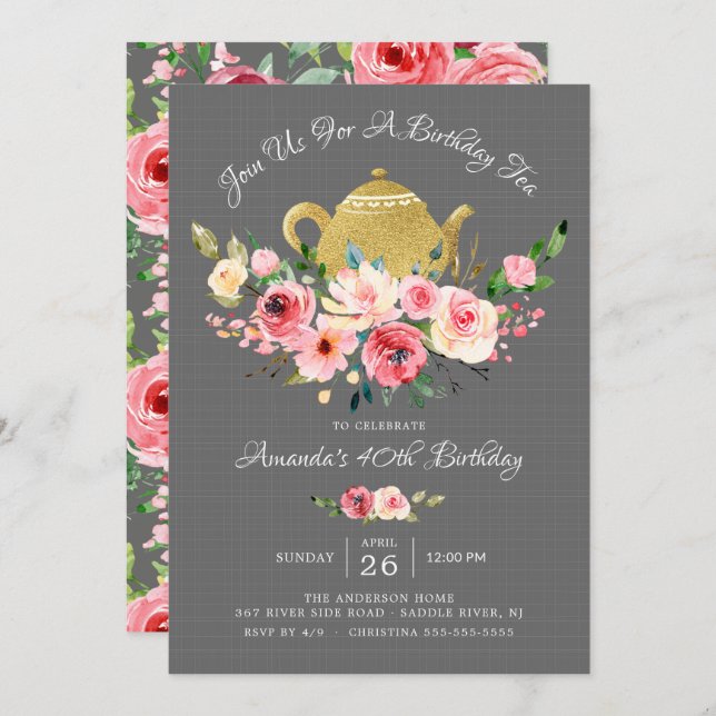 Elegant Peony Floral Birthday Tea Invitation (Front/Back)