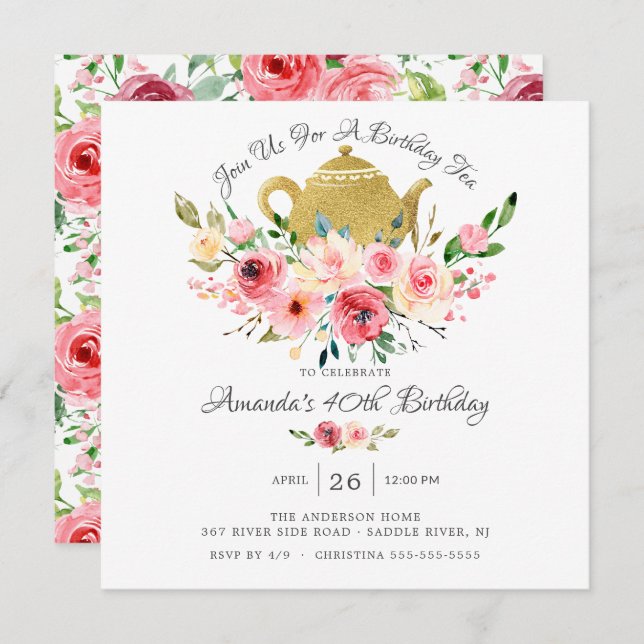 Elegant Peony Floral Birthday Tea Invitation (Front/Back)