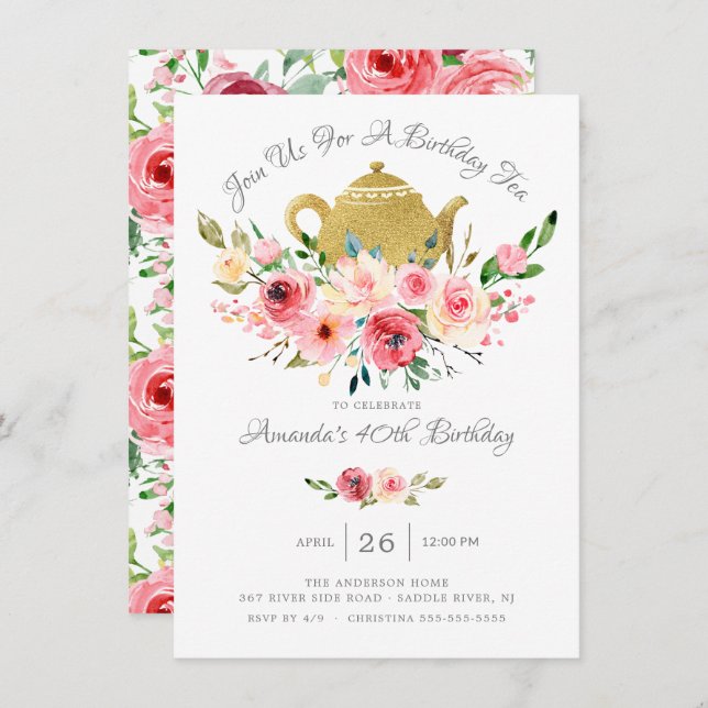 Elegant Peony Floral Birthday Tea Invitation (Front/Back)