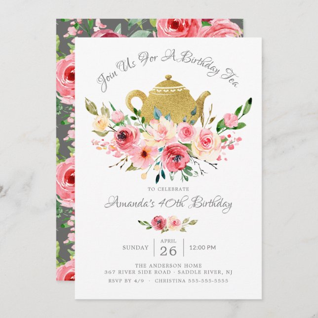 Elegant Peony Floral Birthday Tea Invitation (Front/Back)