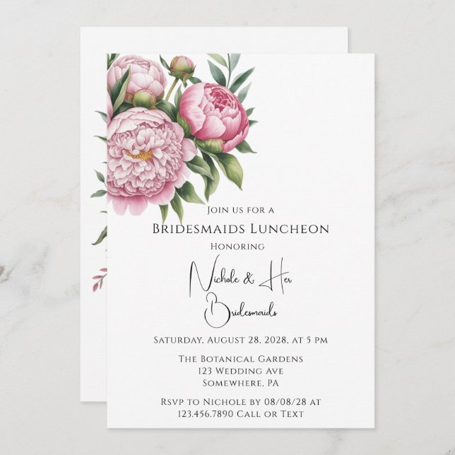 Elegant Peony Floral Bridesmaids Luncheon Invitation (Front/Back)