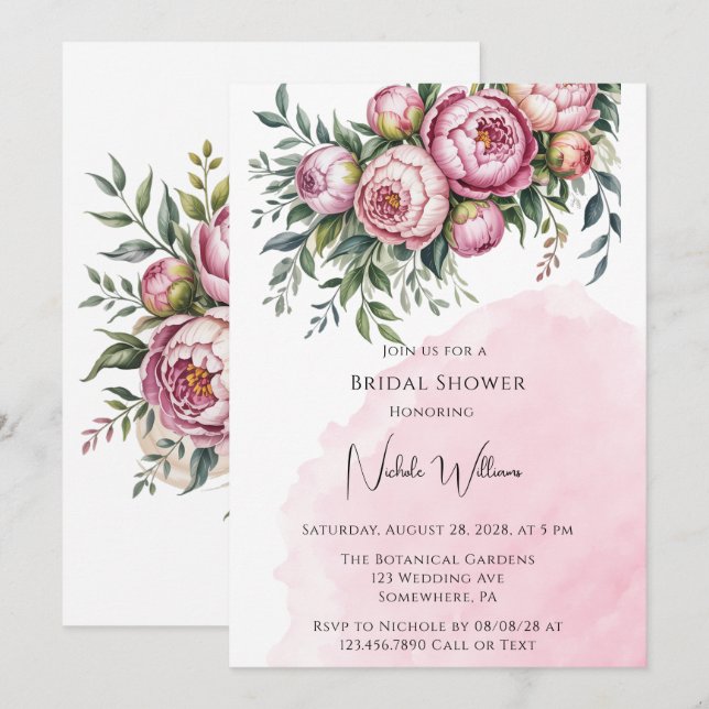 Elegant Peony Floral Brunch & Bubbly Invitation (Front/Back)