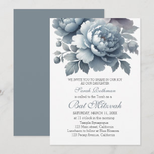Elegant Peony Floral Dusty Blue Bat Mitzvah Invitation