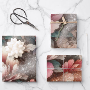 Elegant Peony Floral Glitter Art Wrapping Paper Sheet