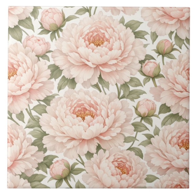 Elegant Peony Floral Pattern Ceramic Tile (Front)