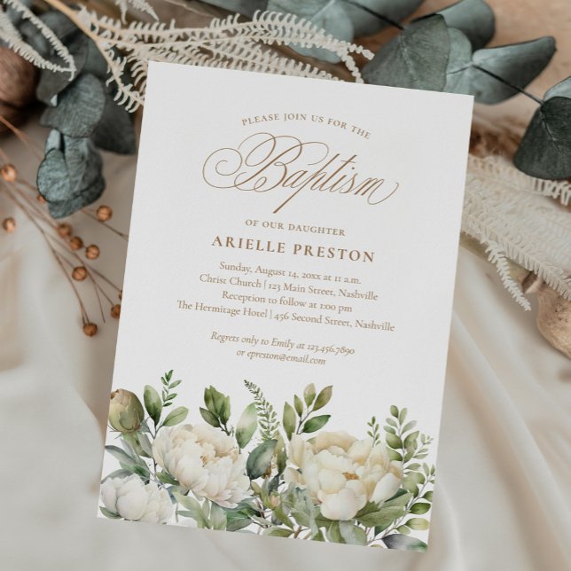 Elegant Peony Floral Script Baptism  Invitation (Creator Uploaded)